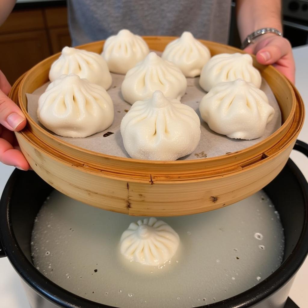 Steaming Frozen Dumplings in a Bamboo Steamer