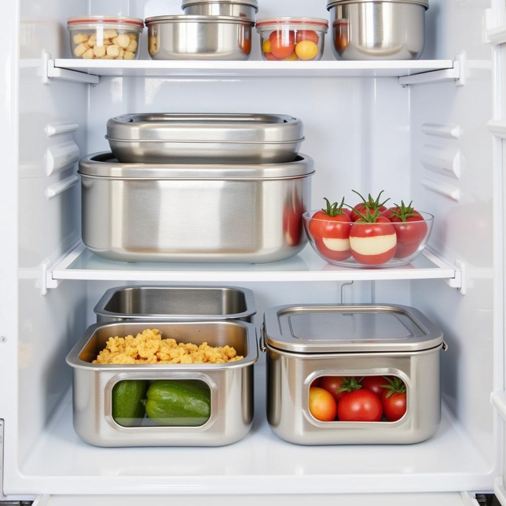 Steel Food Storage Containers Organized in a Refrigerator