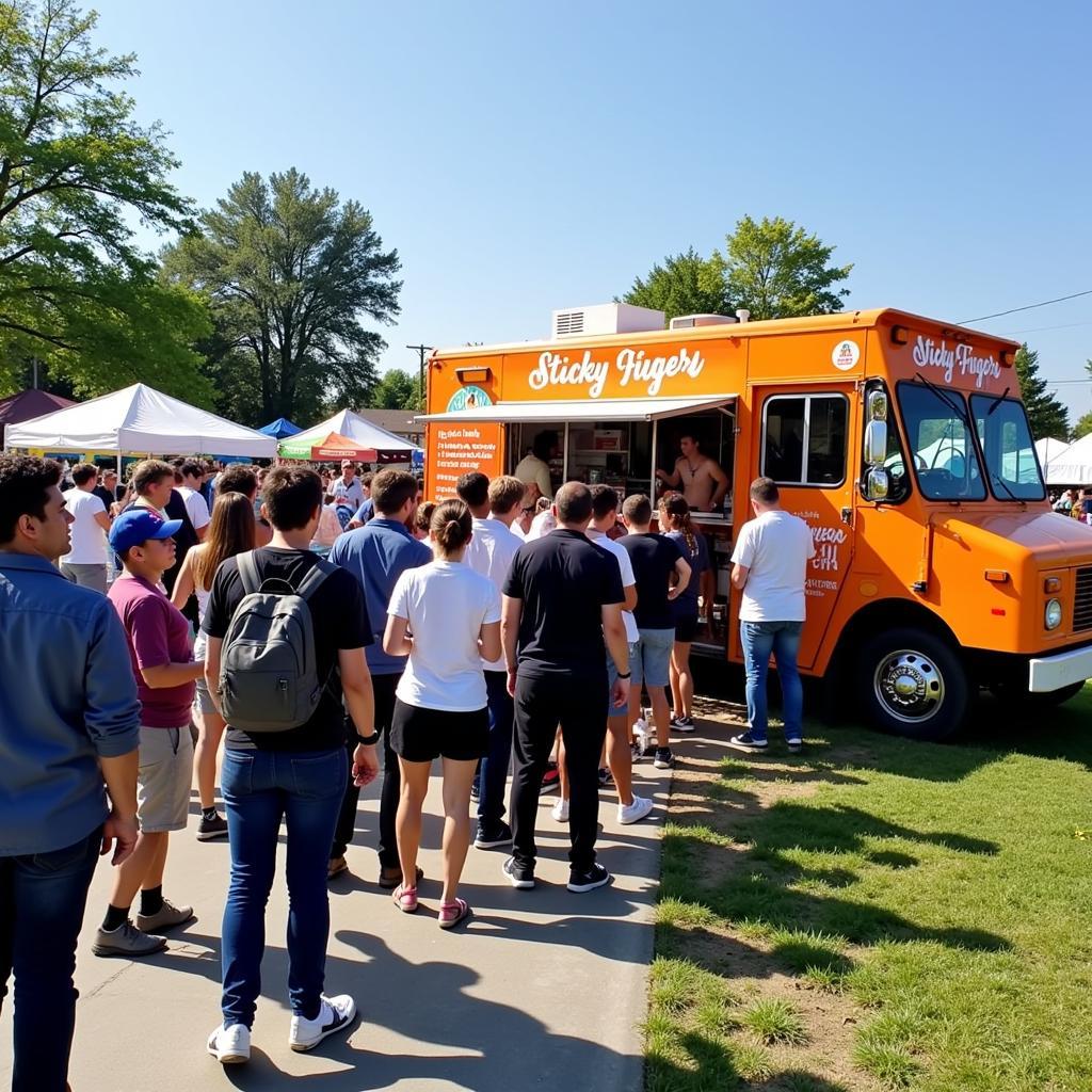 Sticky Fingers food truck serving customers at a bustling outdoor food festival