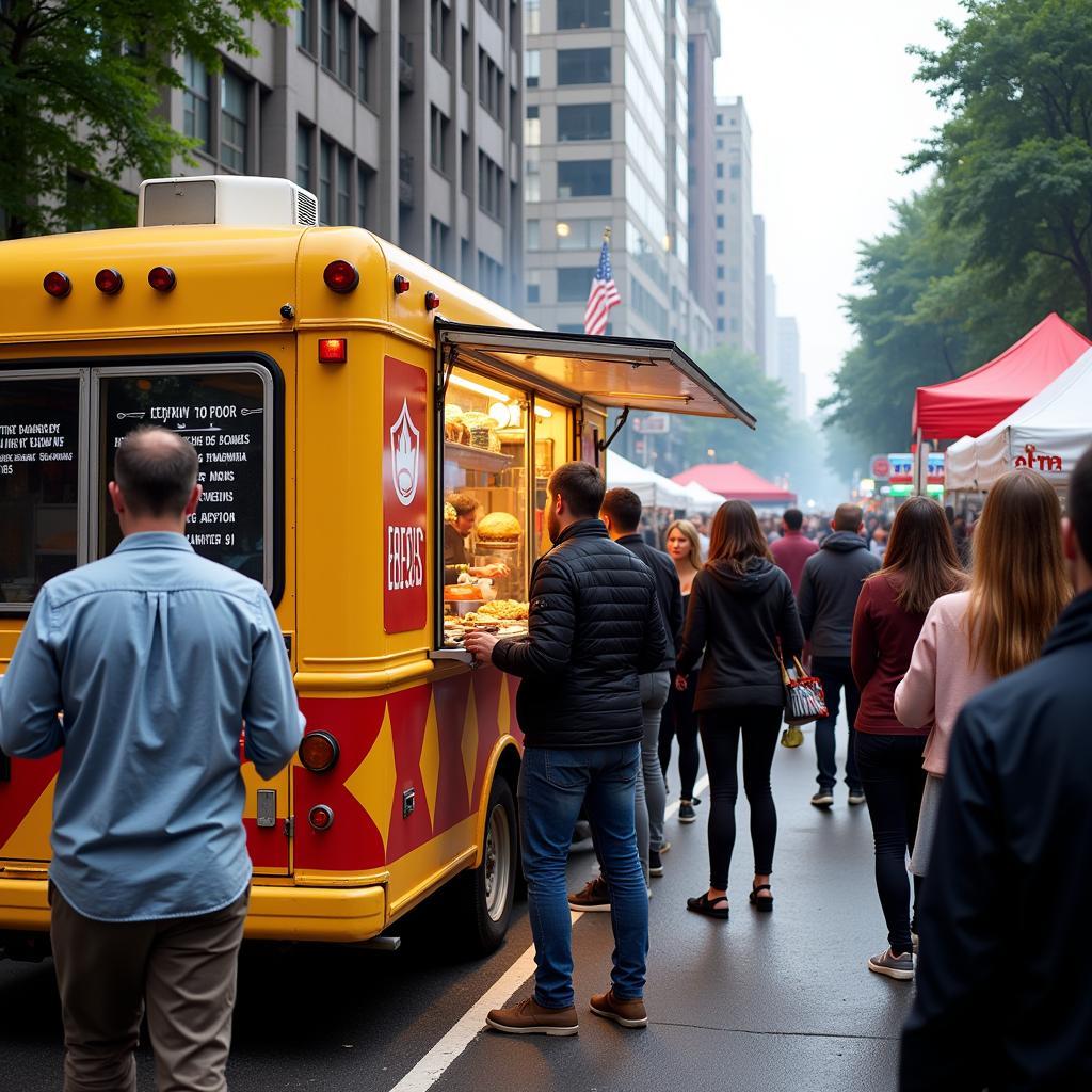 A vibrant food truck serving customers at a busy city street festival