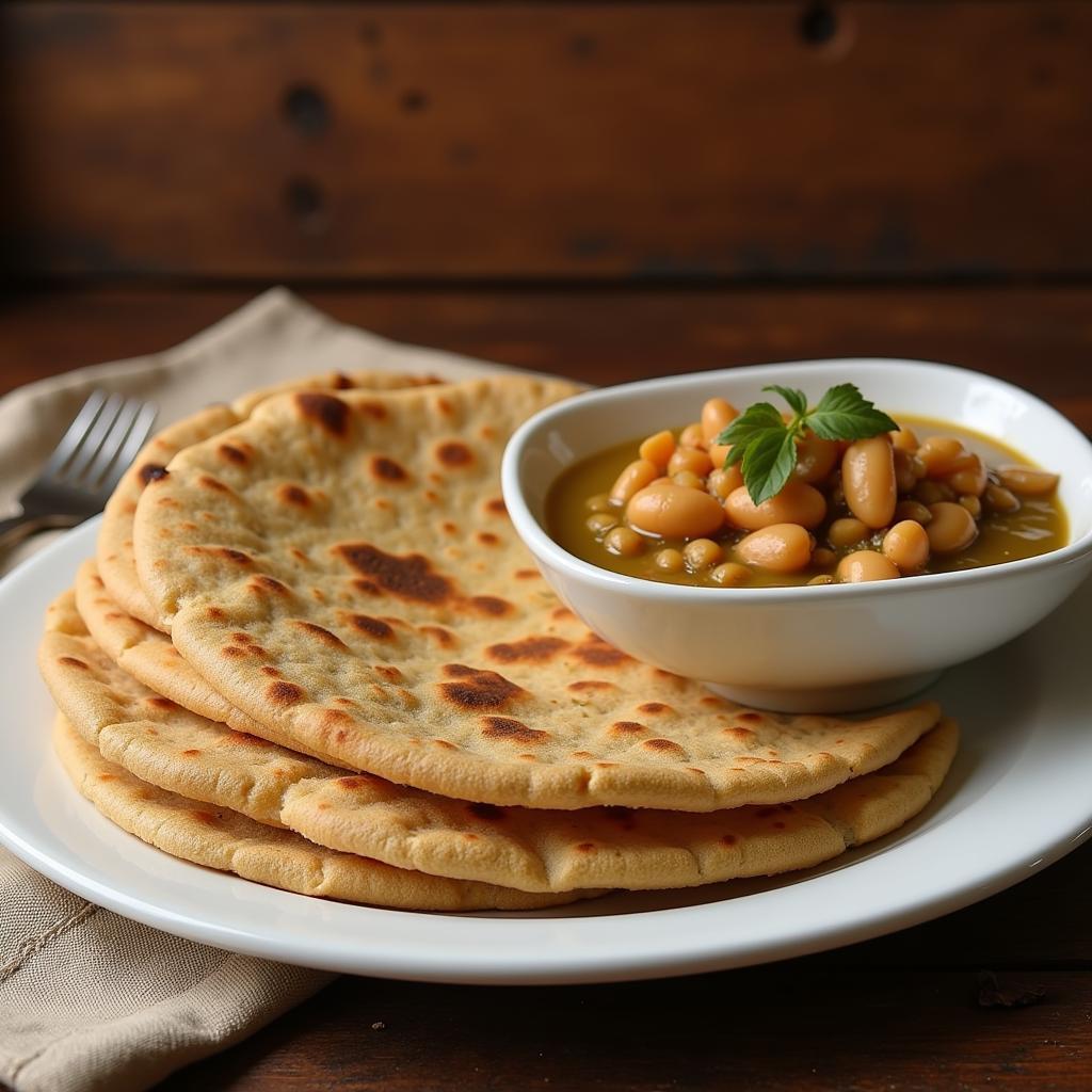 A plate of Sudanese Kisra flatbread with Ful Medames fava bean dish.