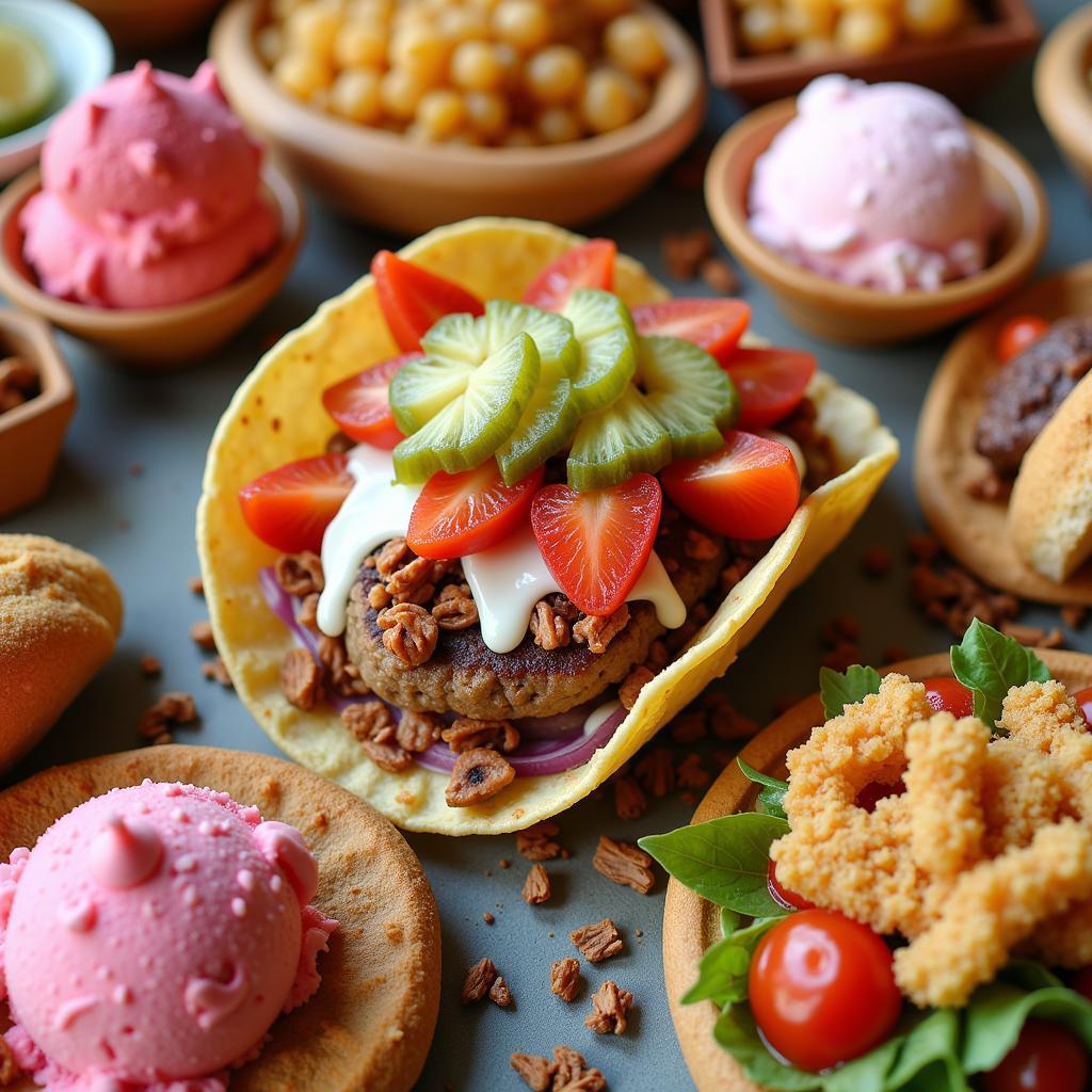 Close-up shots of various street food dishes