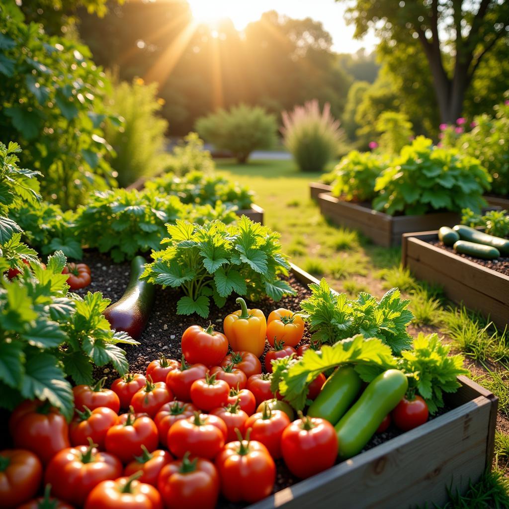 Fresh vegetables growing in a sunlit garden