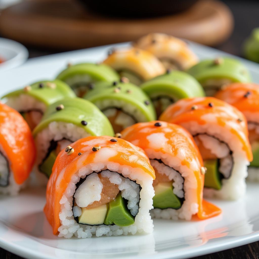 Soft Sushi Options: Avocado, Cooked Shrimp, and Cucumber Rolls