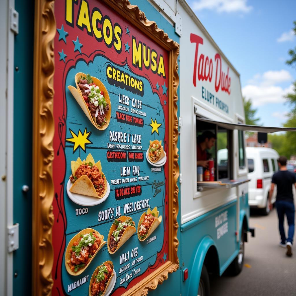 Close-up of a Taco Dude Food Truck Menu with Various Taco Options