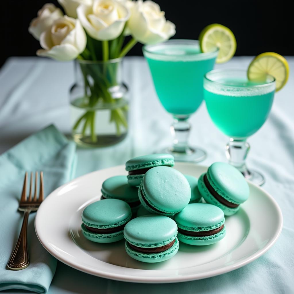 Teal Coloured Macarons and Cocktails on a Table Setting