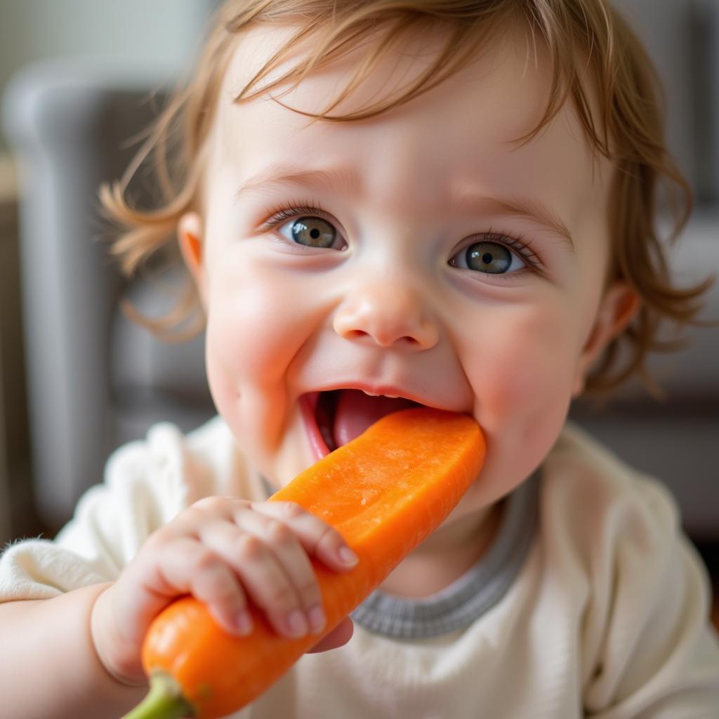 Teething baby enjoys chilled carrot stick for gum relief