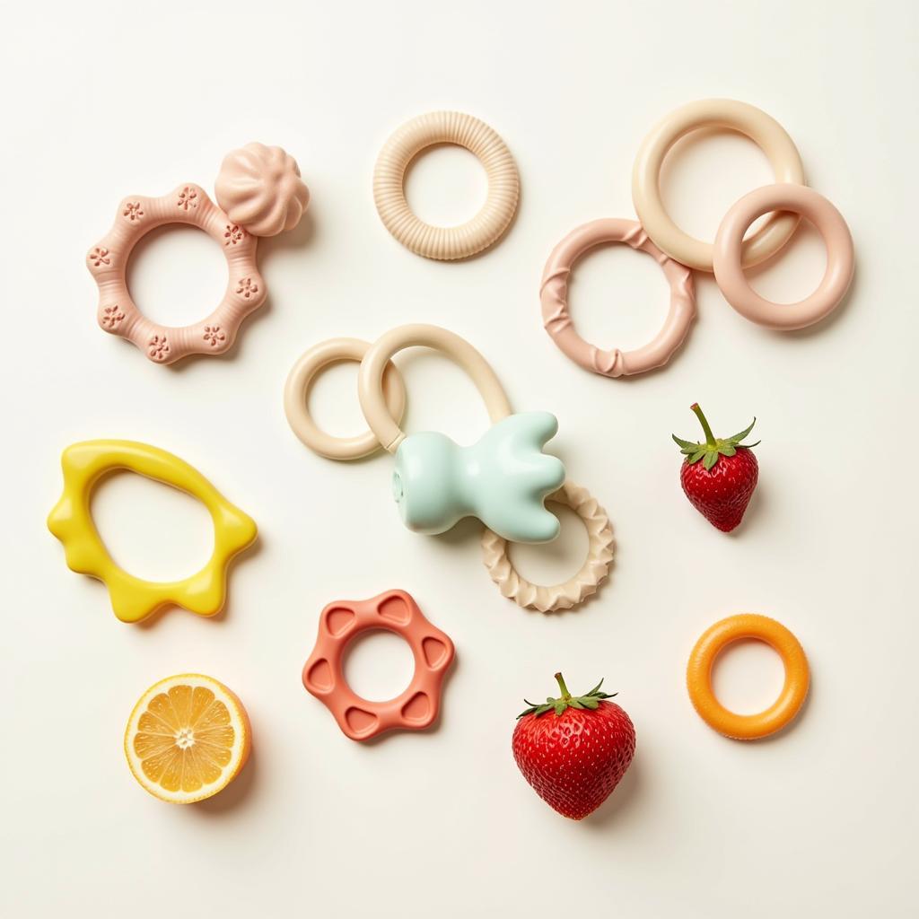 Assortment of teething toys and suitable foods for teething relief