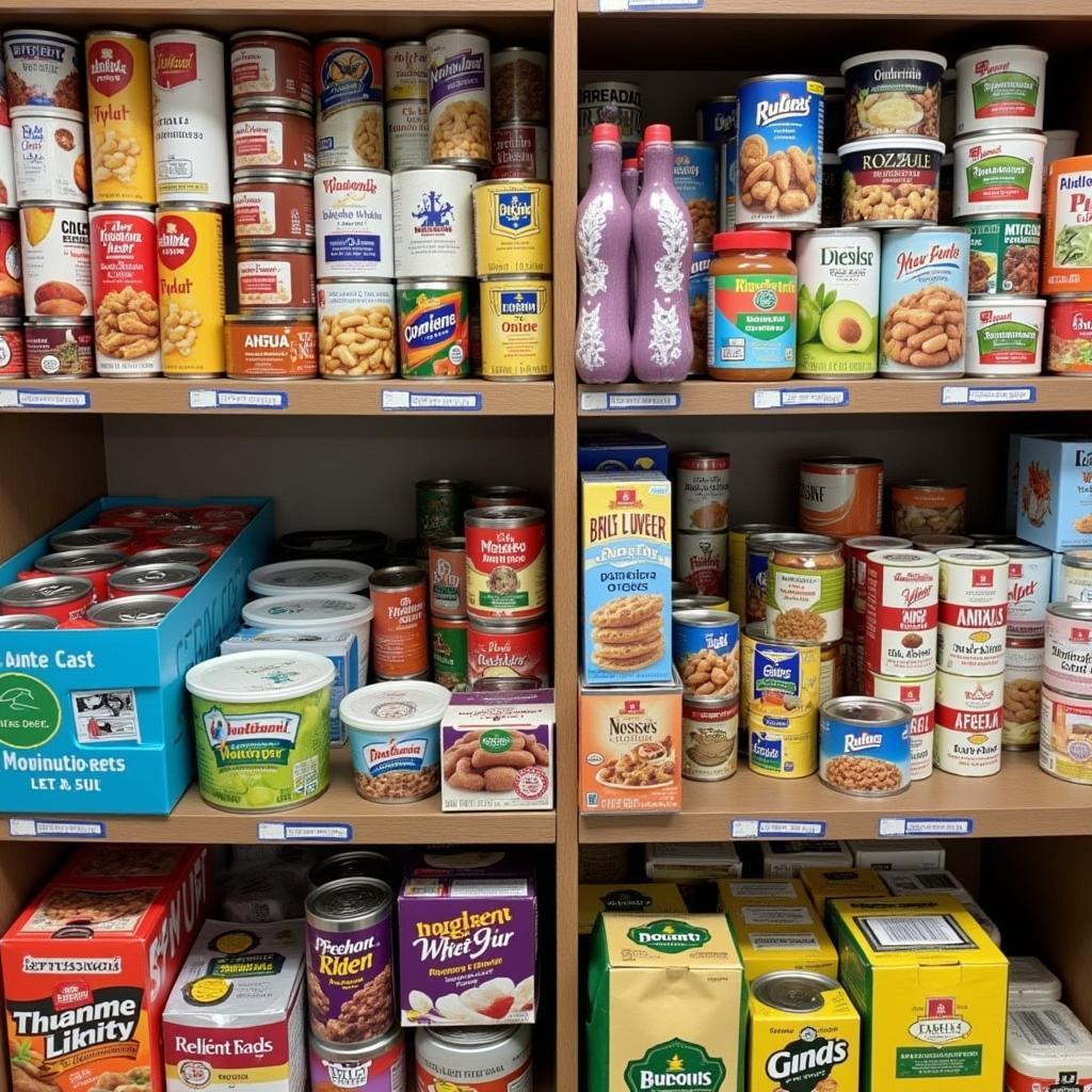 Donations of fresh produce and canned goods stacked at the Thief River Falls Food Shelf.