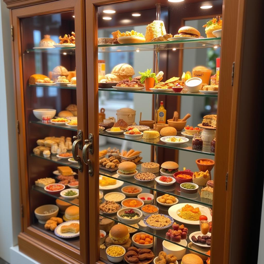 Collection of tiny tummies doll food displayed in a glass cabinet