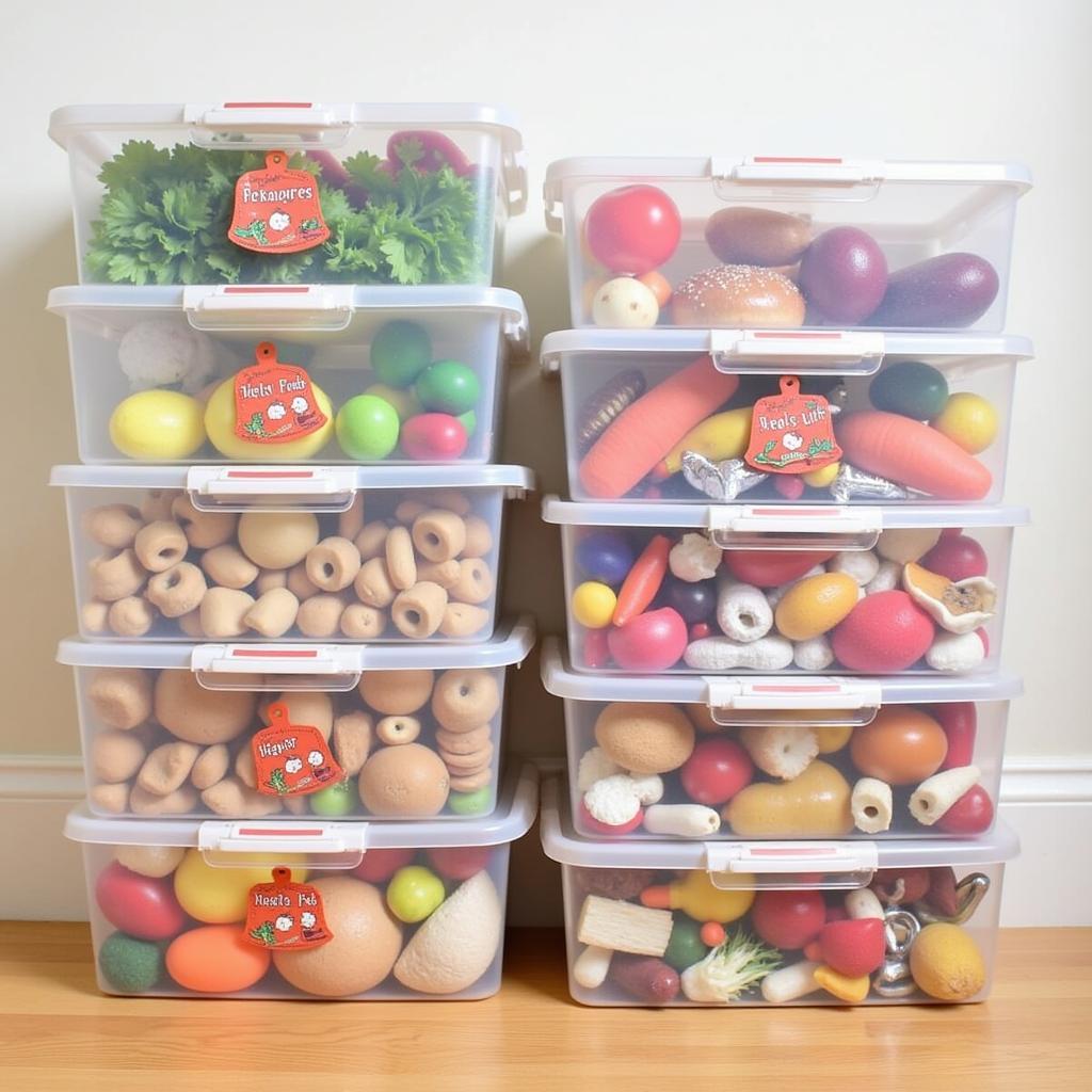 Toy Food Organized in Storage Bins