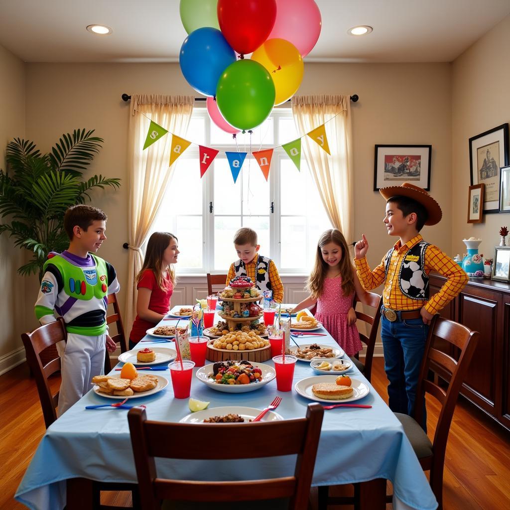 Toy Story Party Decorations and Food:  A fully decorated party table with Toy Story themed food and decorations