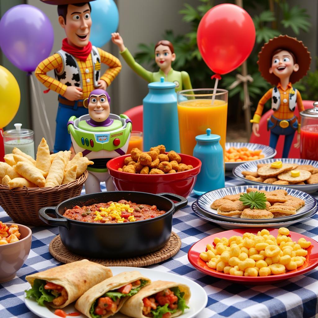 Toy Story Party Food Spread: A table filled with Toy Story themed food, including chili, wraps, snacks, and drinks