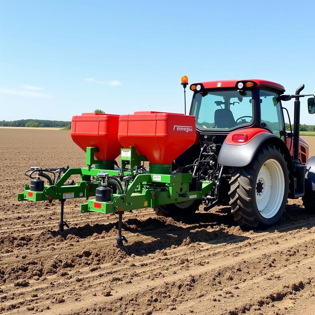 Tractor pulling a 2-row food plot planter with a fertilizer attachment.