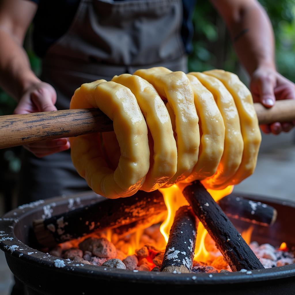 Baking chimney cakes traditionally over an open fire