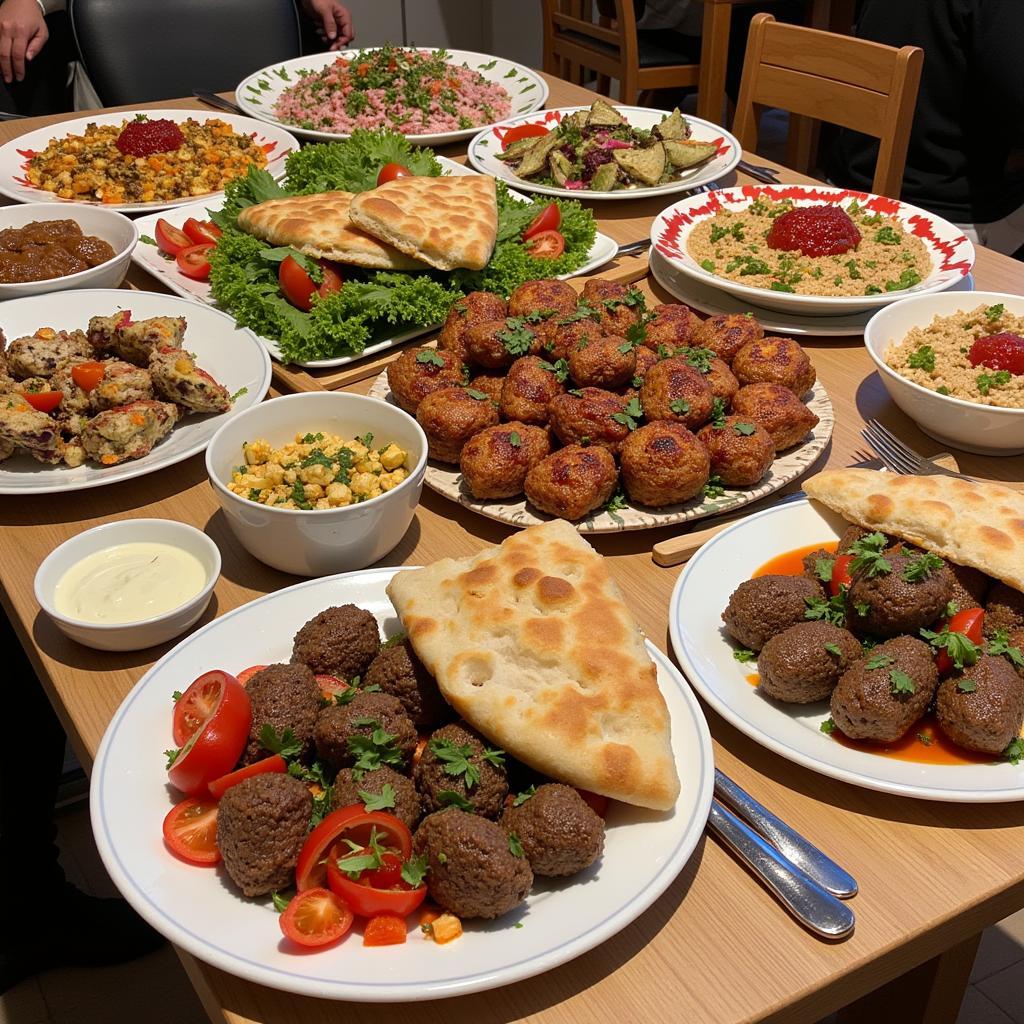 A spread of traditional Dama foods, including kibbeh, hummus, and various salads.