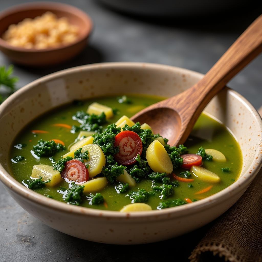 Traditional Portuguese Caldo Verde Seafood Soup