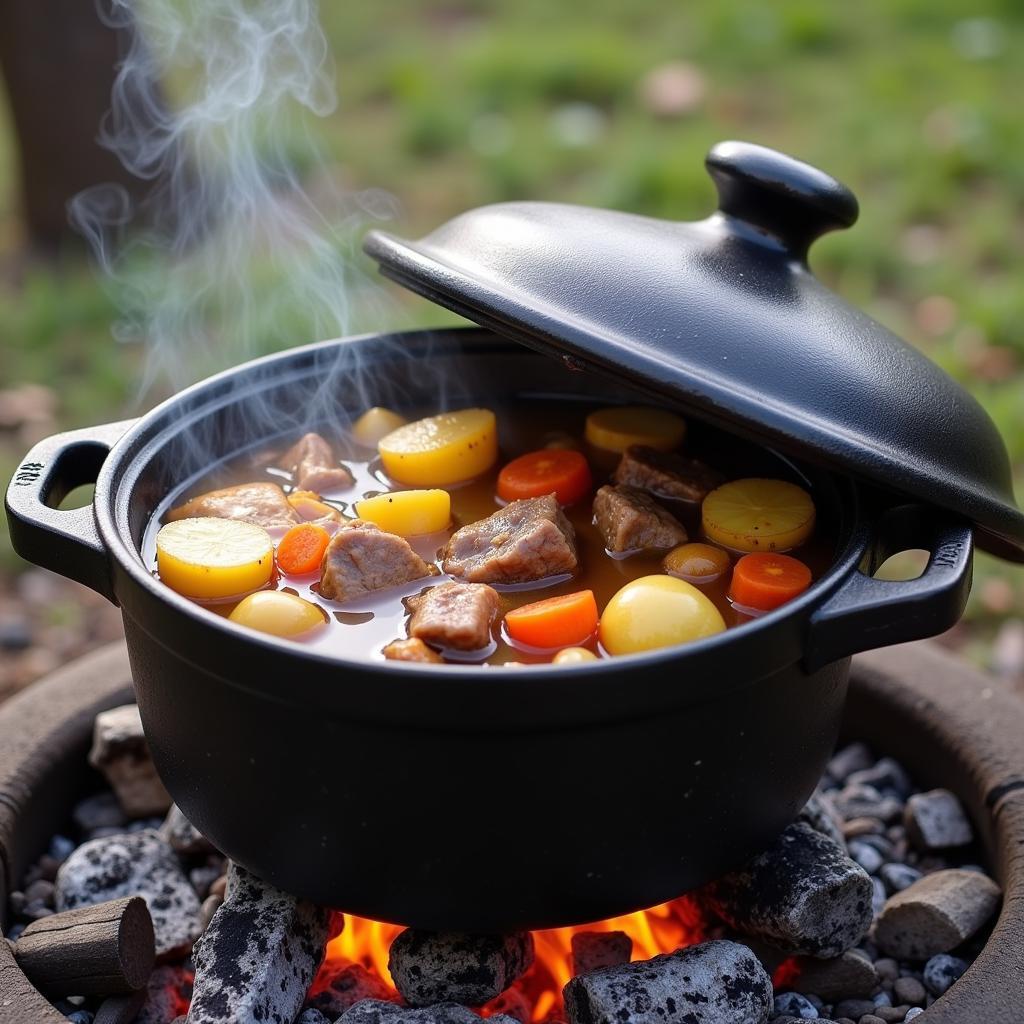 A traditional South African potjiekos simmering over an open fire, with various vegetables and meats visible.