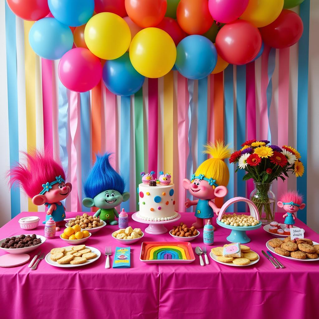 Trolls themed party table setting with food and decorations