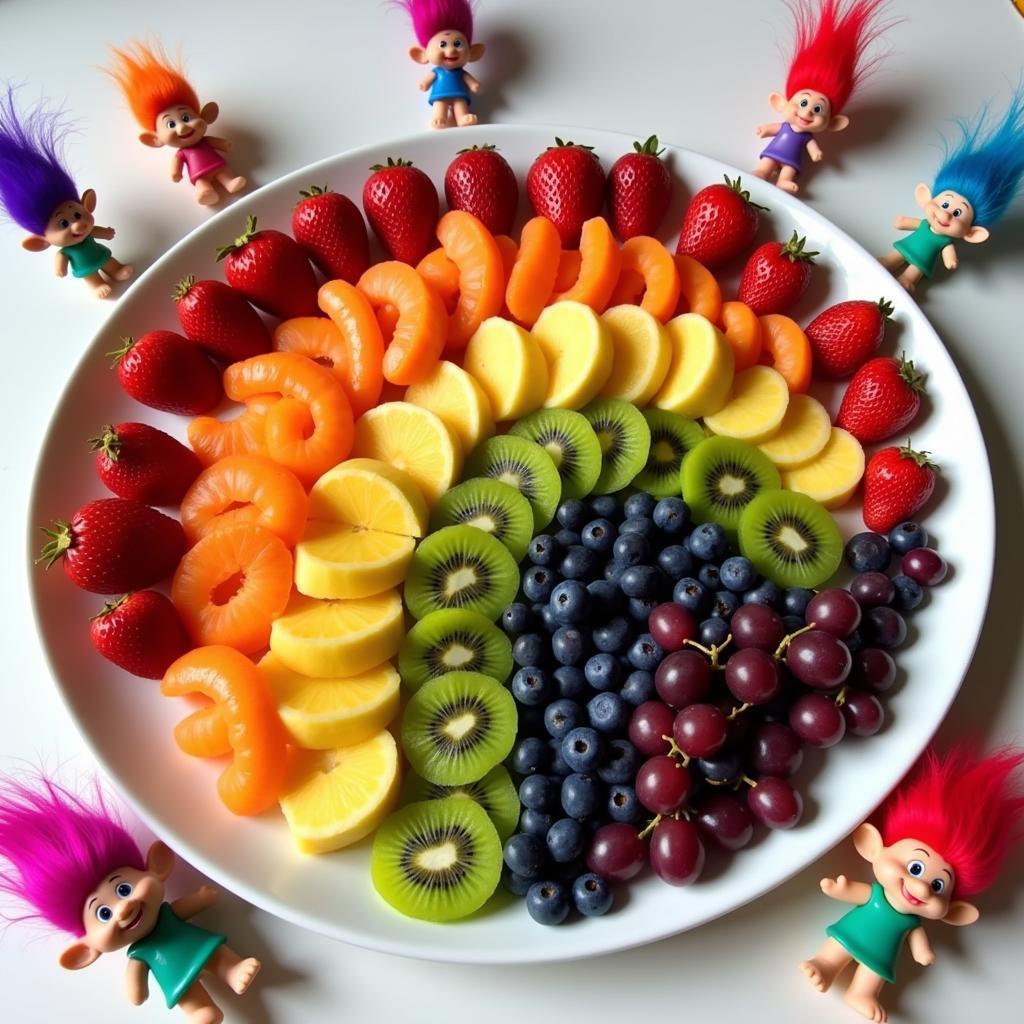 Colorful fruit platter arranged in a rainbow pattern for a Trolls themed party.