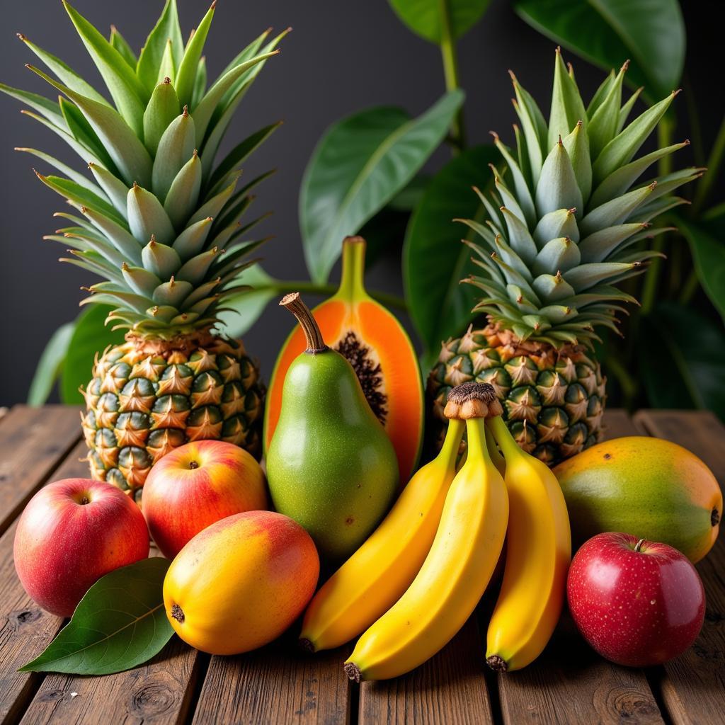 Assortment of Vibrant Tropical Tree Fruits Displayed on a Wooden Table