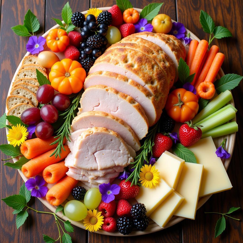 Turkey Food Platter Arrangement with Cheeses, Fruits, and Vegetables