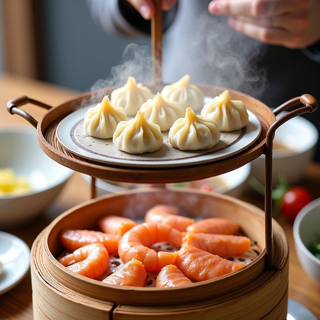 Steaming Dumplings and Seafood in a Two-Tier Steamer