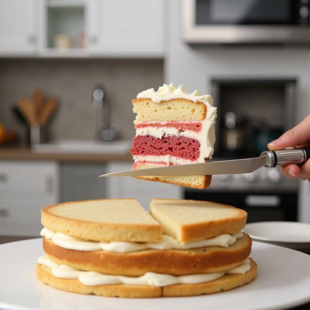 Ultrasonic food cutter slicing through a layered cake