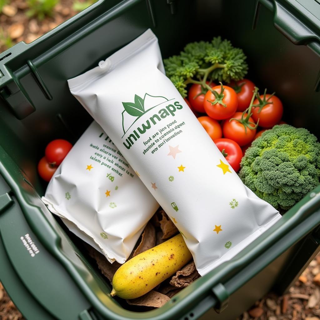 Uniwraps food wrapping paper in a compost bin, demonstrating its biodegradability.