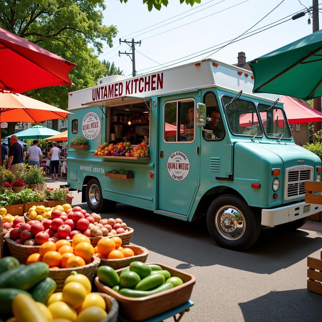 Untamed Kitchen food truck parked at a vibrant farmers market, surrounded by fresh produce stalls.