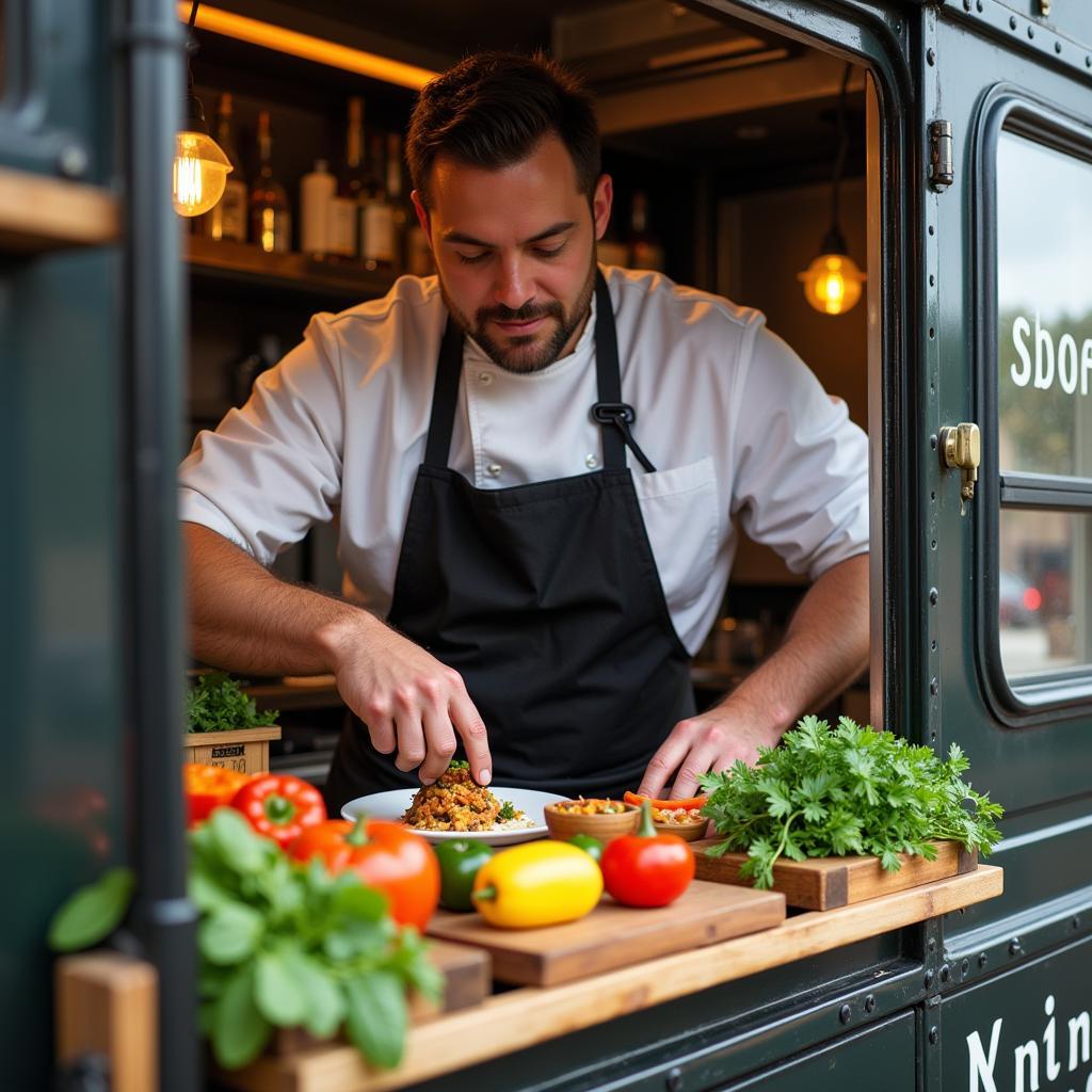 Close-up shot of the Untamed Kitchen chef meticulously preparing a dish with fresh ingredients inside the food truck.