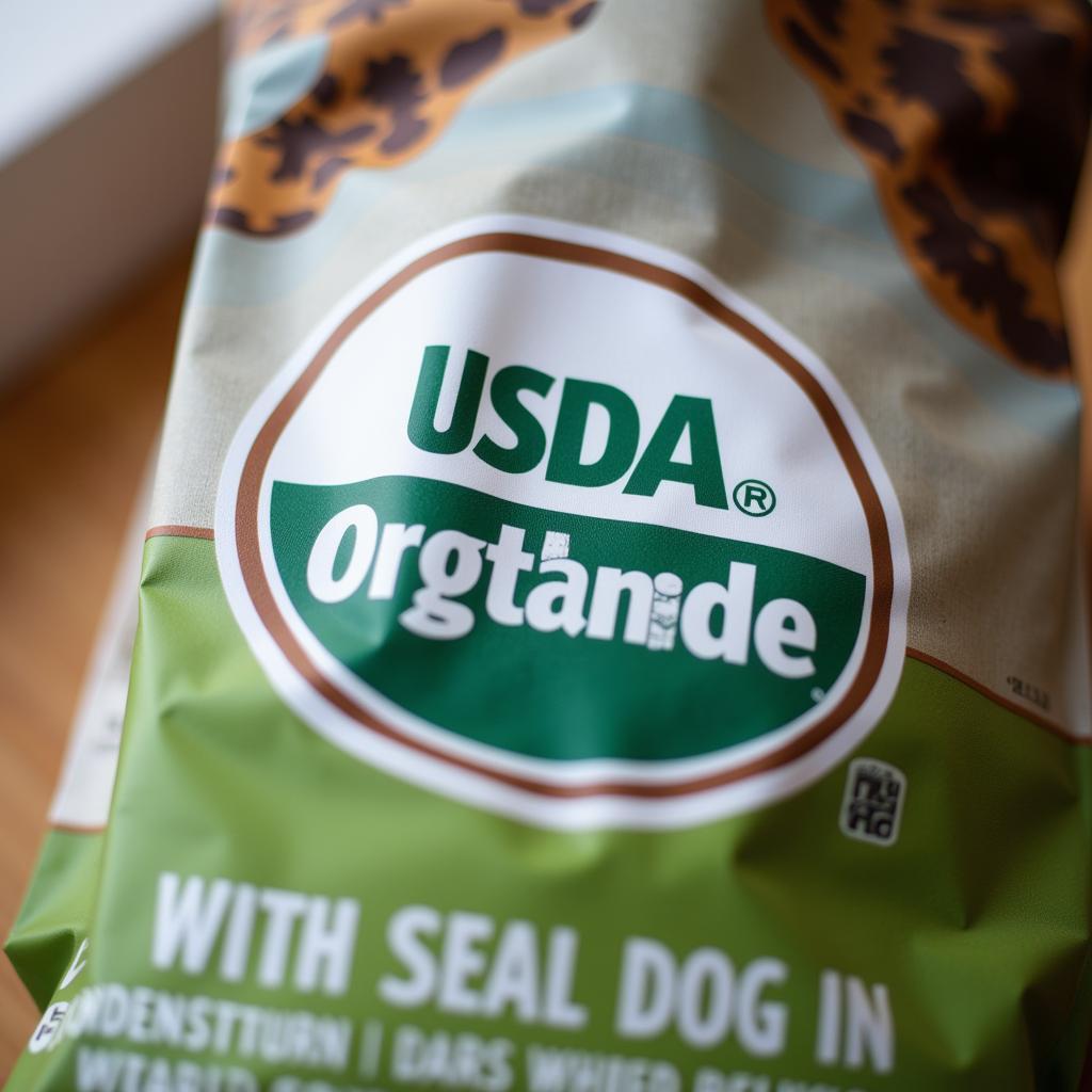 The USDA Organic seal on a bag of organic dog food.