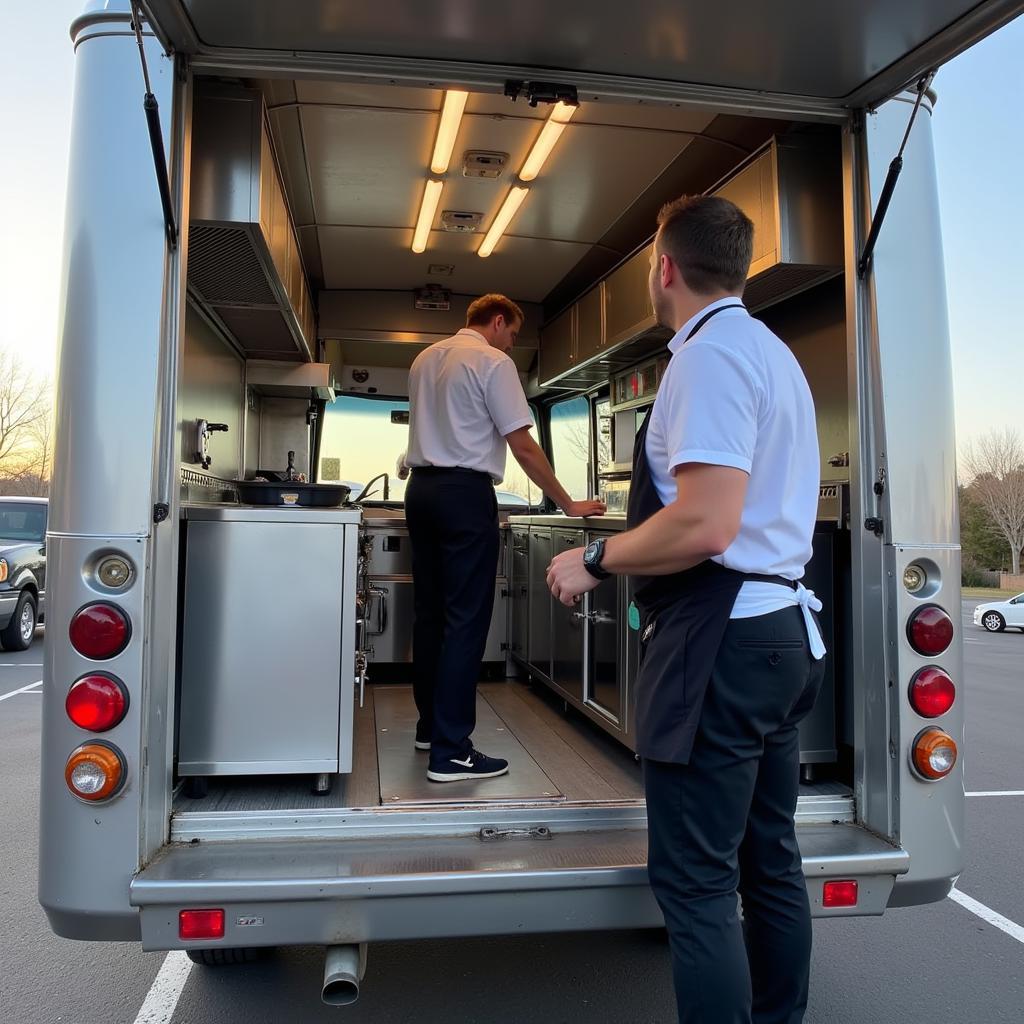 Used food trucks for sale in Savannah, Georgia. A potential buyer inspecting a used food truck with a seller.