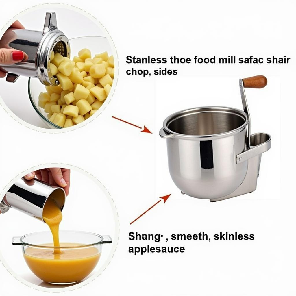 Using a stainless steel food mill to make applesauce, showing the cooked apples being processed and the resulting smooth applesauce.