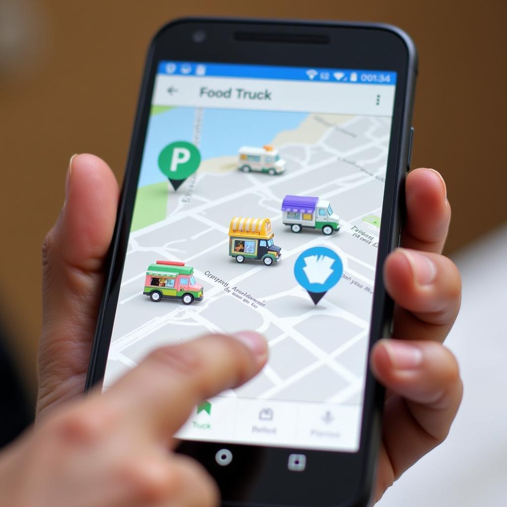 A person using a mobile app to locate nearby food trucks.