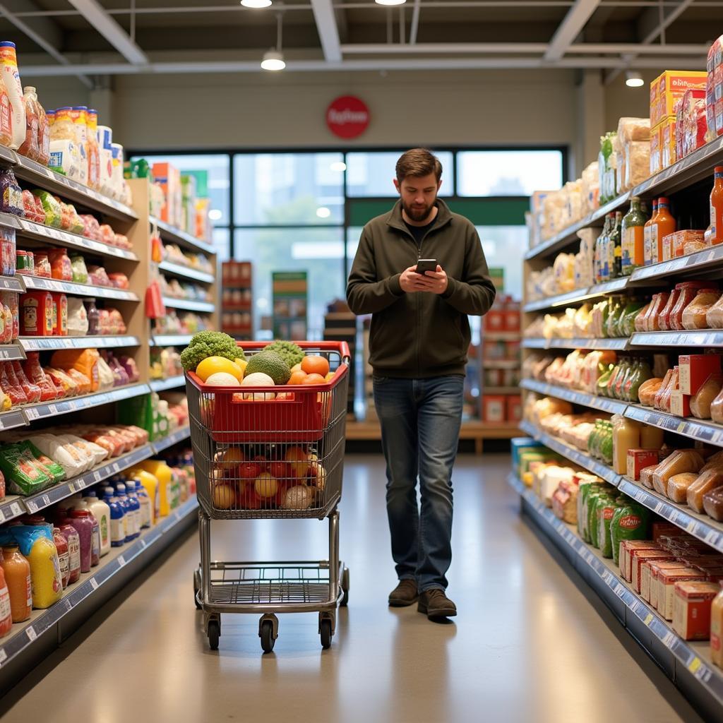 Value Foods Weekly Ad Shopping: A shopper pushes a cart filled with groceries through the aisles of a Value Foods store, referencing the weekly ad on their phone.