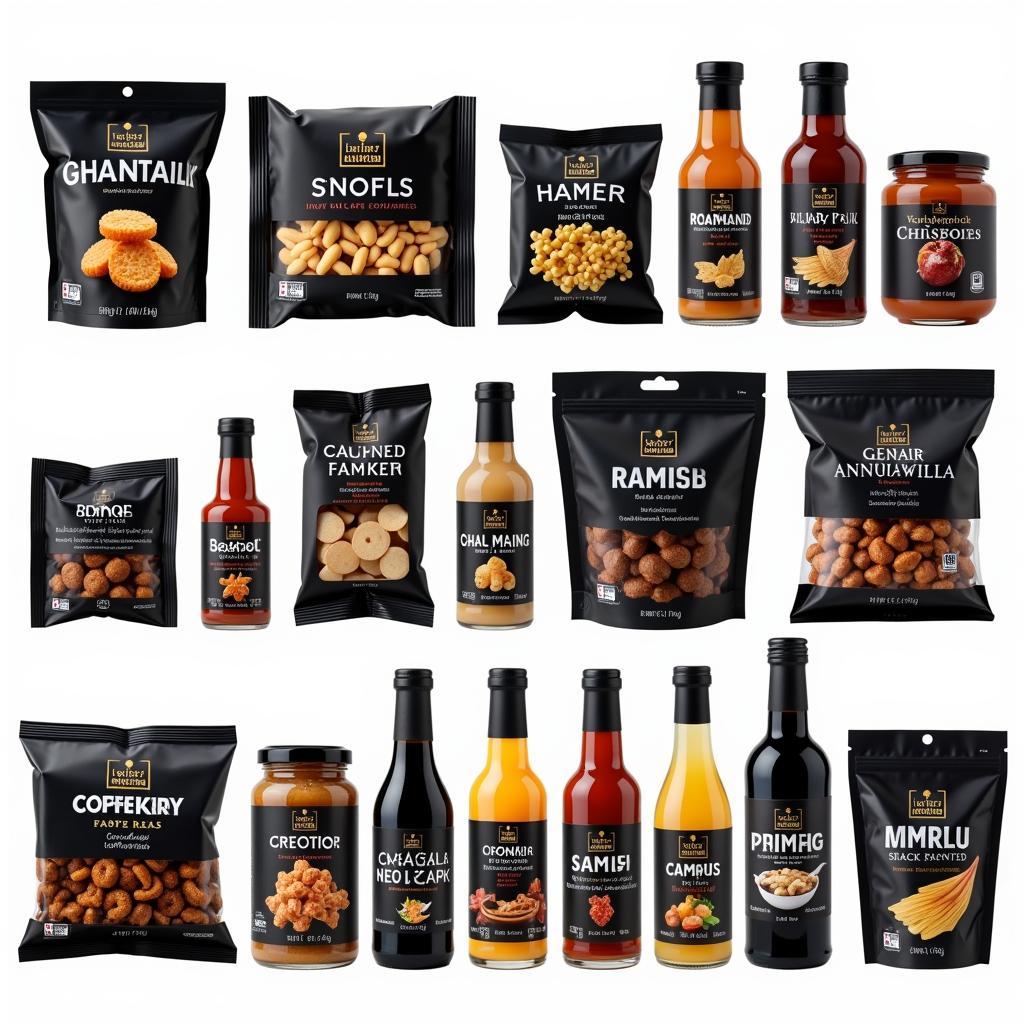 Diverse Range of Food Products in Stylish Black Packaging