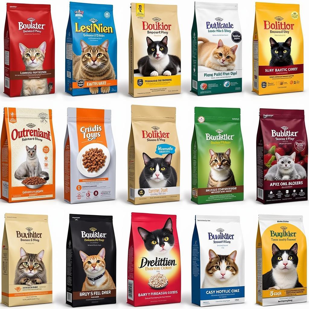 Different flavors and brands of cat food packets displayed on a shelf.