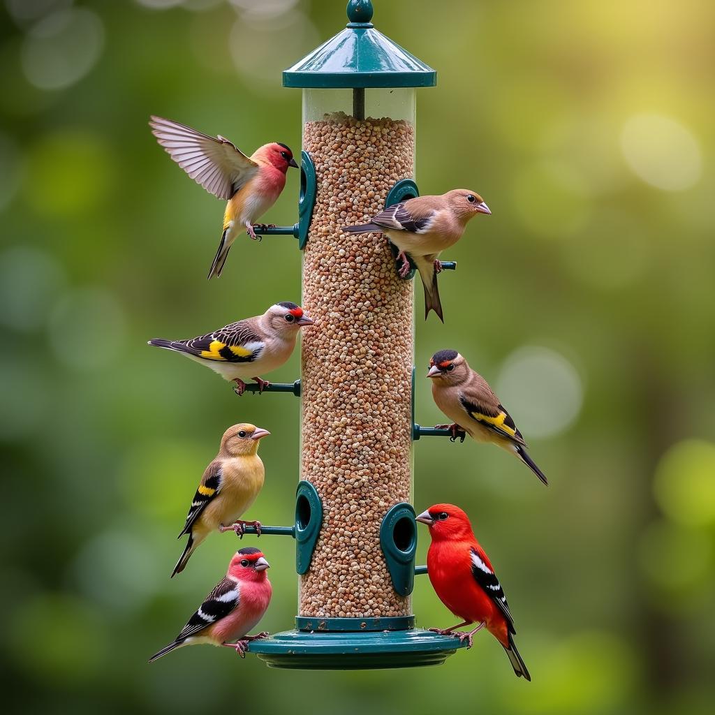 Various finch species feeding on a thistle sock feeder