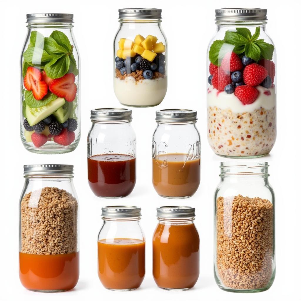 An assortment of food stored in different sizes of glass jars, including salads, overnight oats, sauces, and dry goods