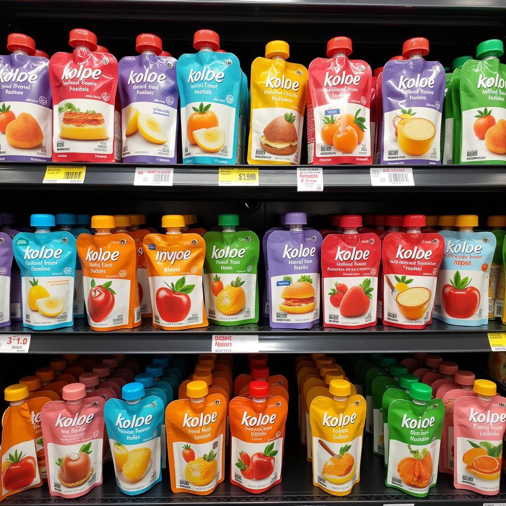 Different brands and flavors of pureed food pouches displayed on a supermarket shelf