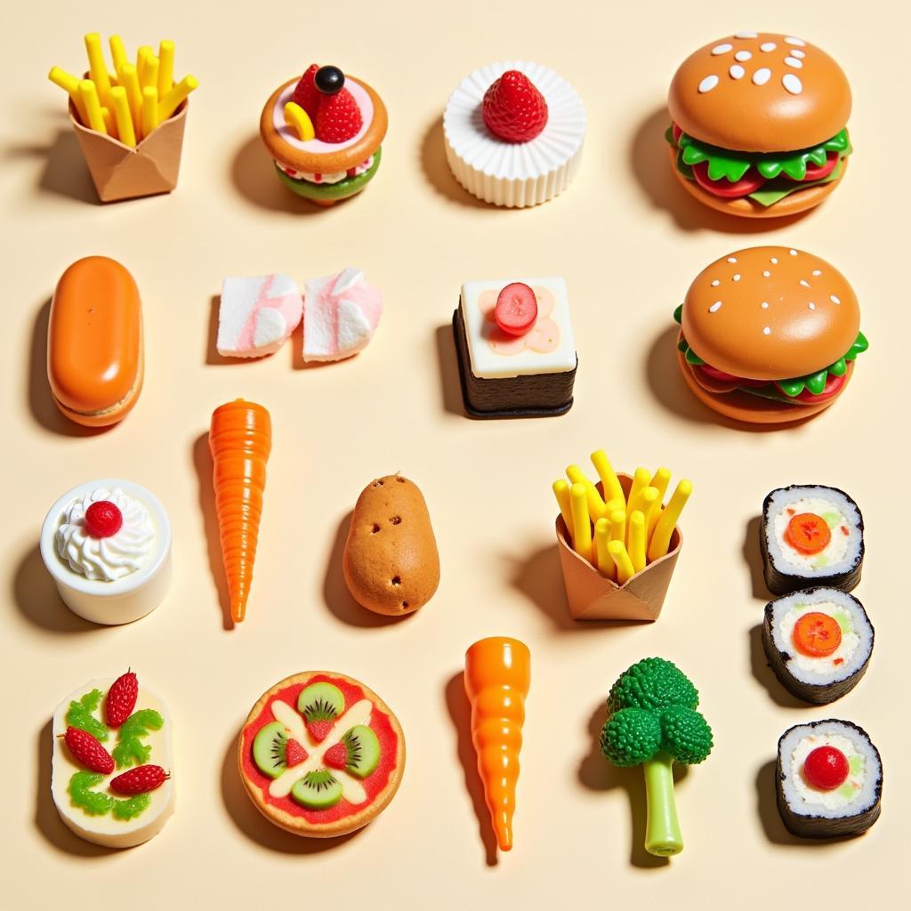 Assorted miniature doll food items showcasing diverse cuisine