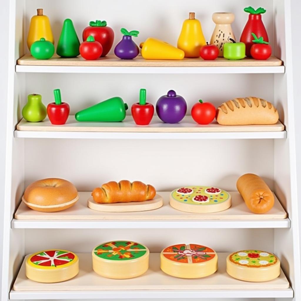 Variety of wooden toy food sets on display