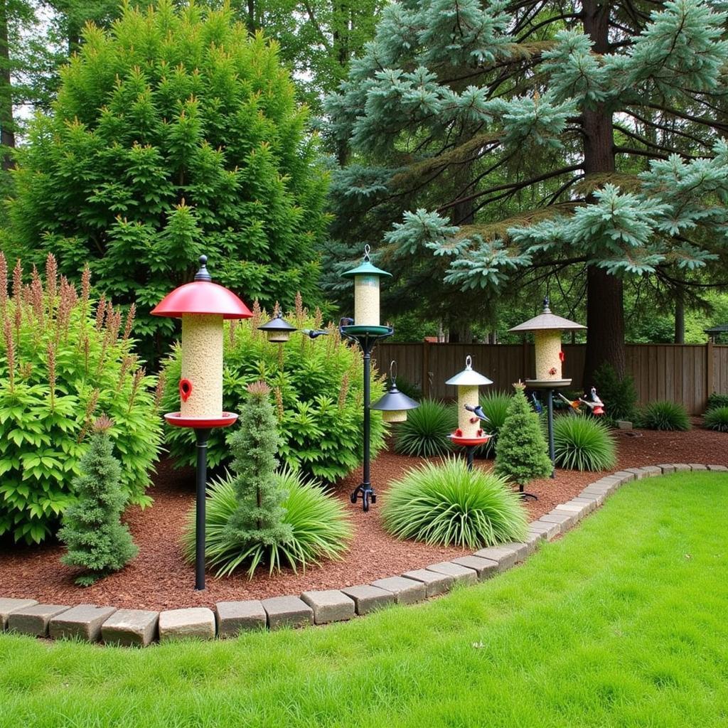 A Bird-Friendly Backyard with Various Feeders