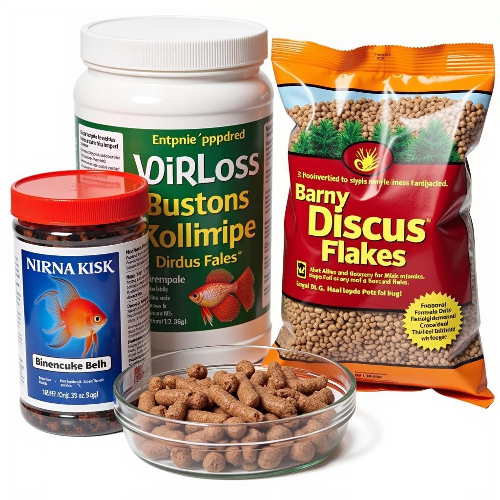 Different types of discus fish food, including flakes, pellets, and frozen bloodworms.