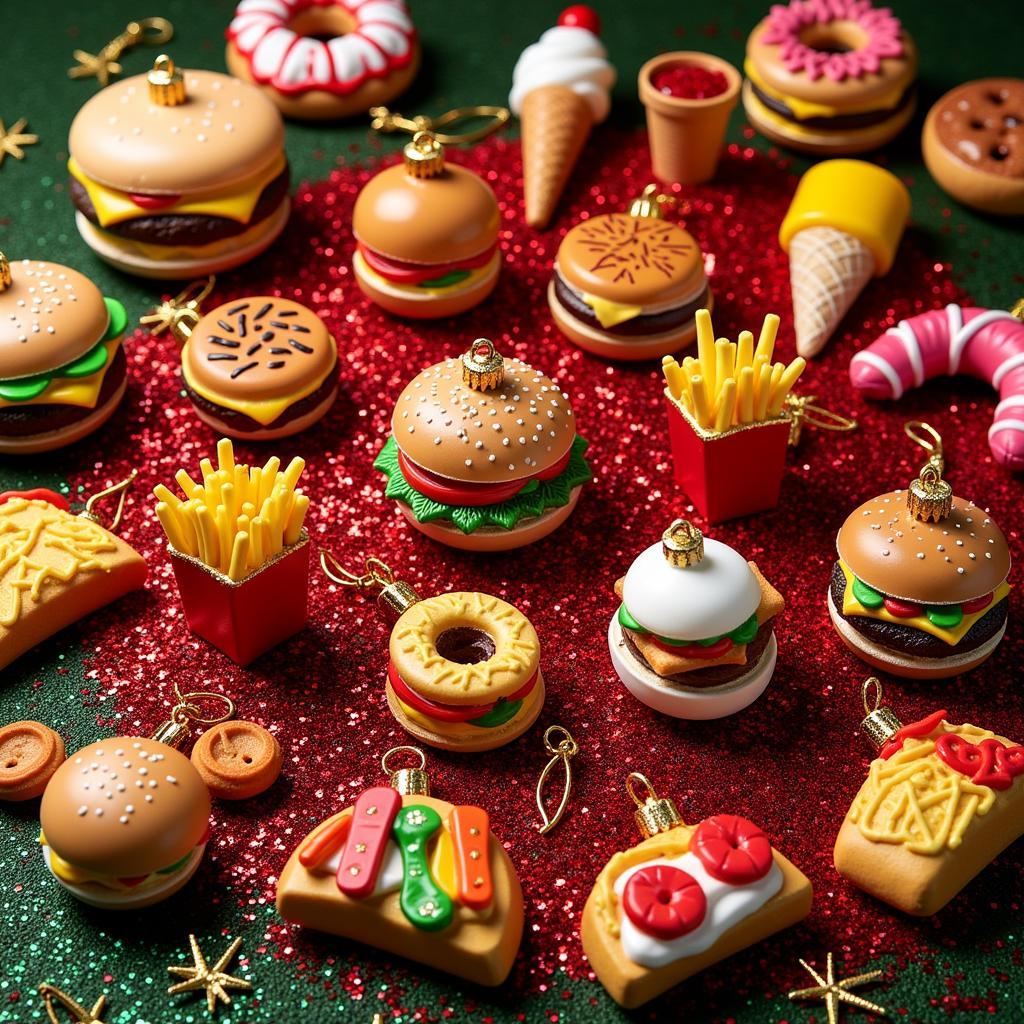 A variety of fast food Christmas ornaments displayed on a festive background.