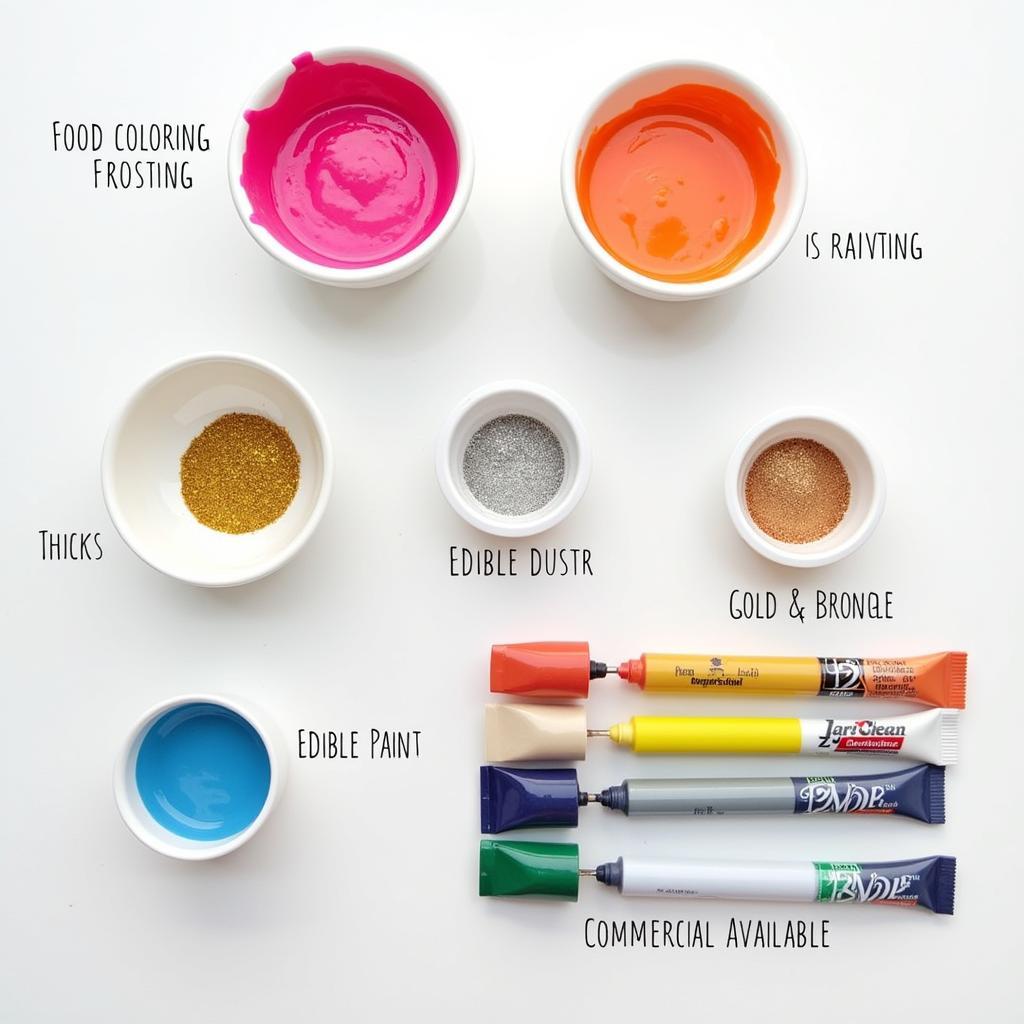 Different types of edible paints and powders, including food coloring based paints, dusts, and specialized paints.