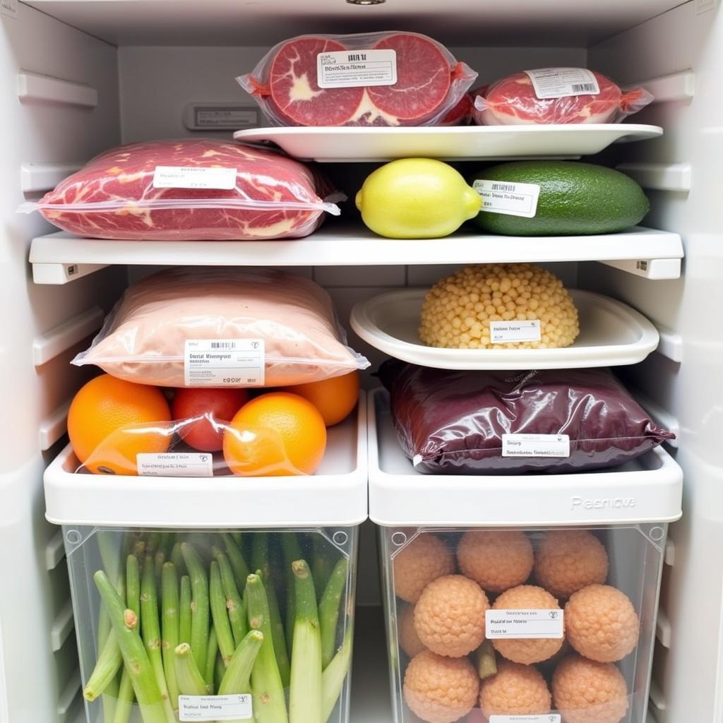 Various Vacuum Sealed Foods Organized in a Freezer