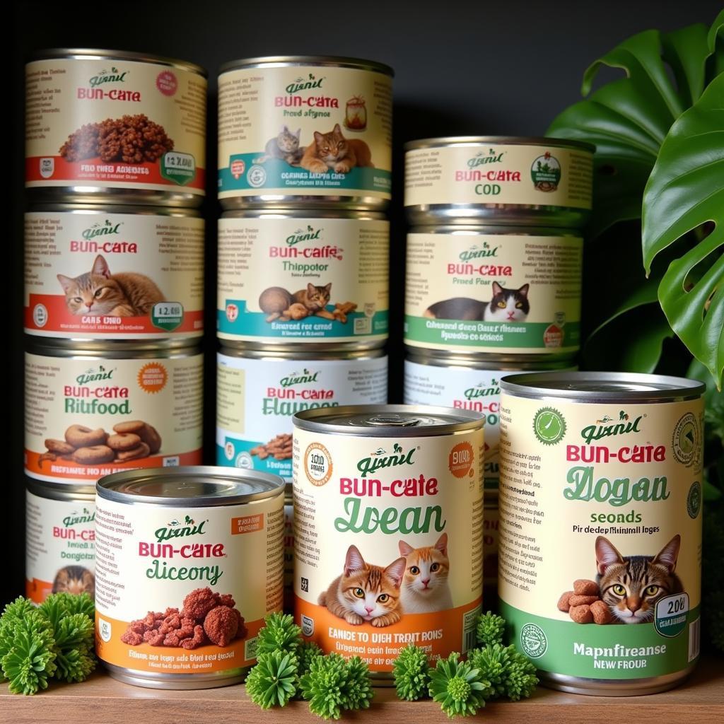 A variety of vegan cat food cans on a shelf.