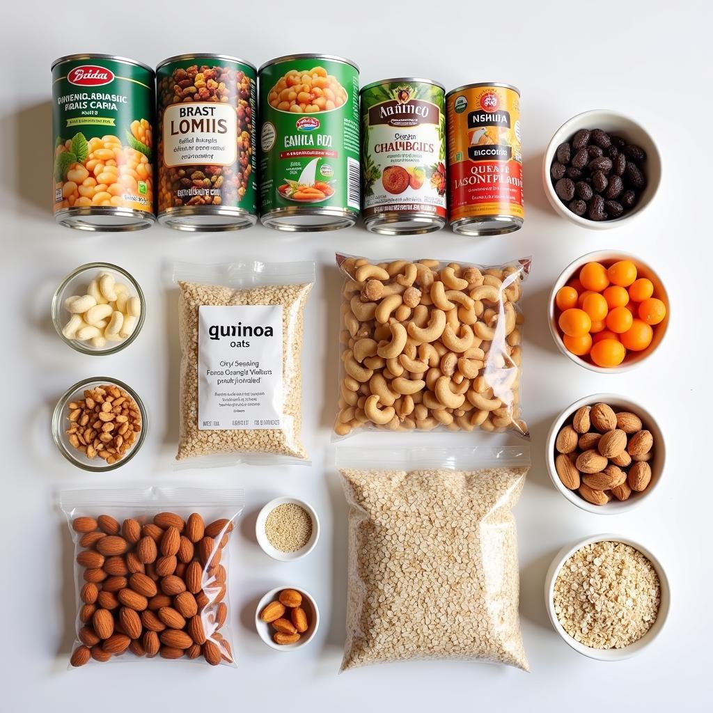 Vegan emergency food kit essentials: Canned goods, dried fruits, nuts, and grains.